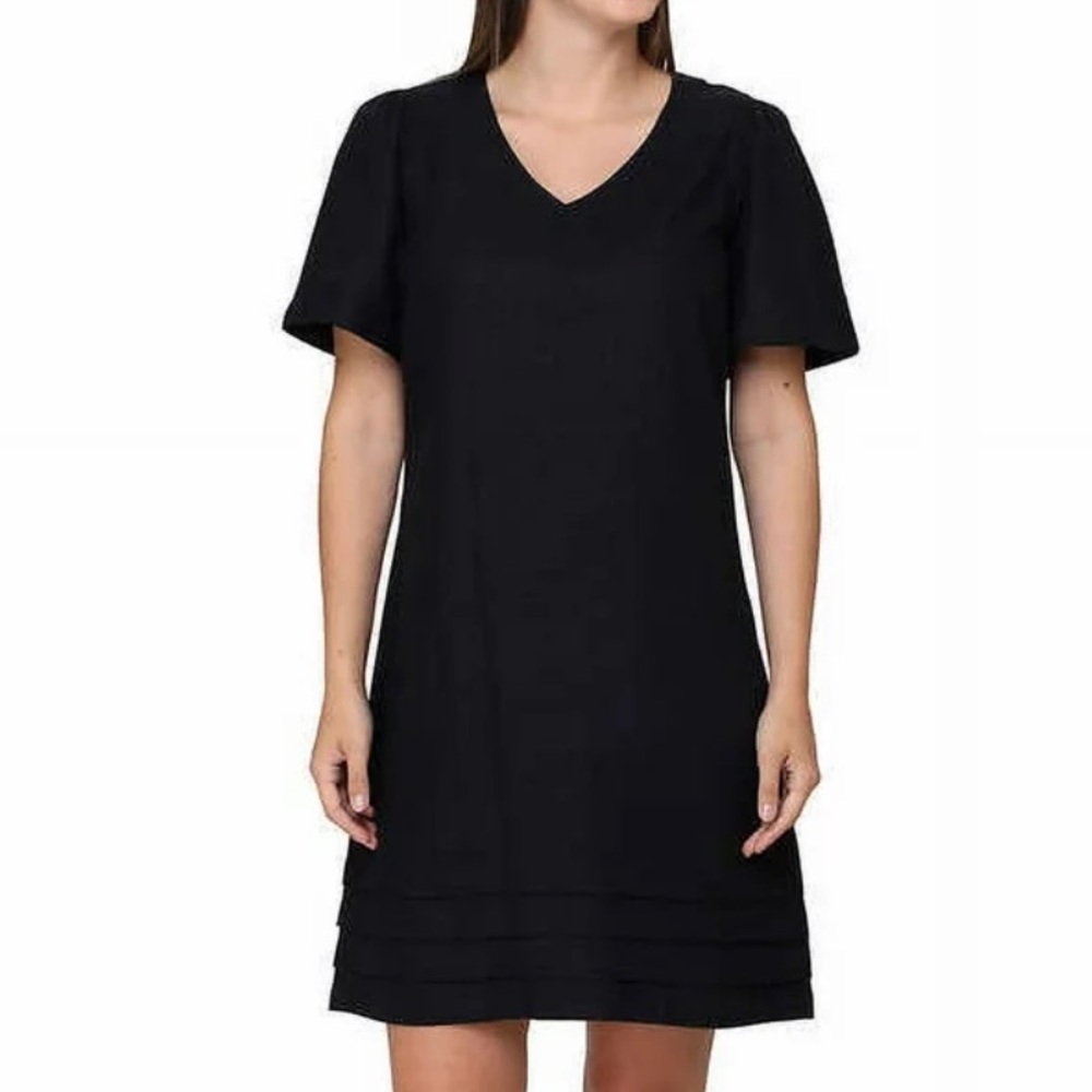 Nicole Miller Black Ruffle Hem Linen Blend Short Sleeve Mini‎ Dress Small S